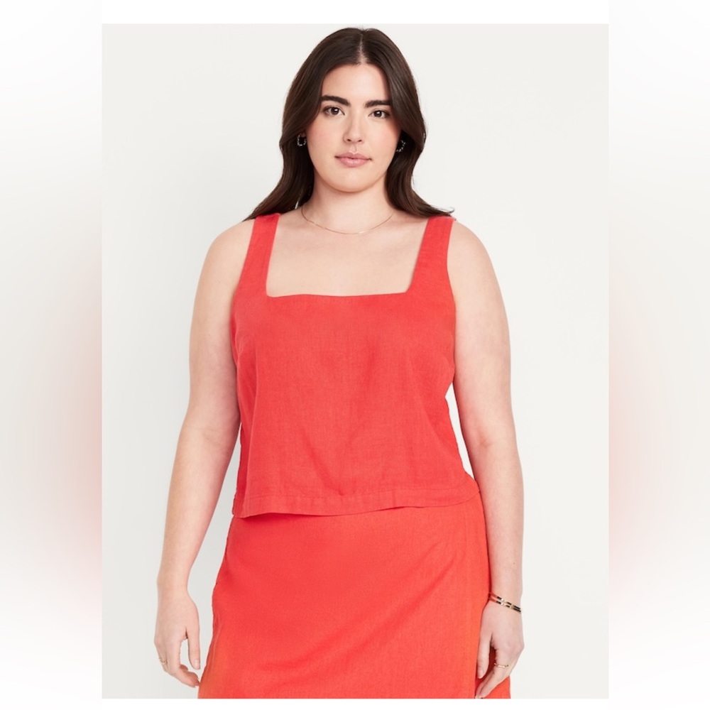 Old Navy Cropped Square Neck Linen Blend Top in Bright Coral, NWT